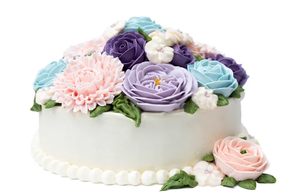 Születésnapi torta, és a színes virágok elszigetelt — Stock Fotó