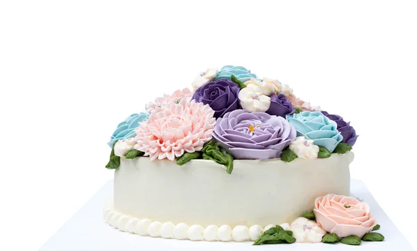 Birthday cake with colorful flowers isolated — Stock Photo, Image