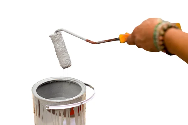 Worker dripping paint with paintroller isolated — Stock Photo, Image