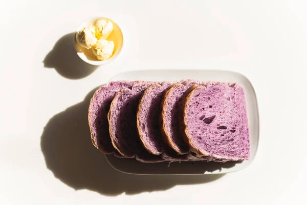 Fotografía Creativa Con Luz Solar Sombra Pan Casero Camote Morado —  Fotos de Stock