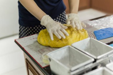 Eldivenli kadın eller Balkabağı hamuru yoğurur