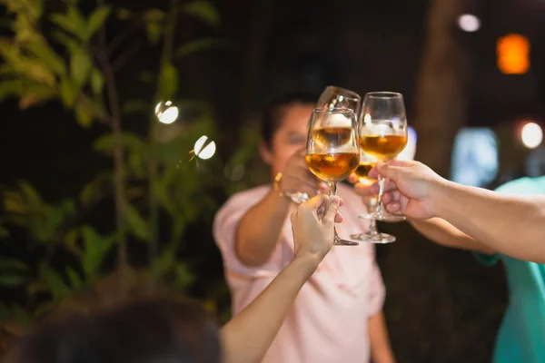 Shot High Iso Low Light Group Friends Toasting White Wine — Stock Photo, Image