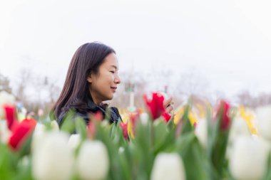 Lale tarlasında akıllı telefonla fotoğraf çeken mutlu bir kadın.