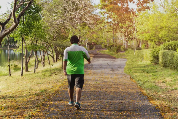 Asiático oversize hombre caminar ejercicio en el parque. — Foto de Stock