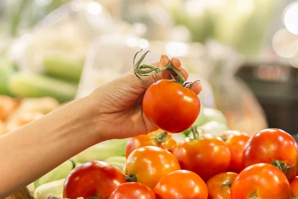 Sebze dükkanında domates seçen kadın.. — Stok fotoğraf