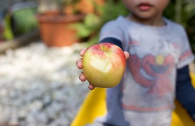 Littel çocuk onun bit Kırmızı elma gösterilen