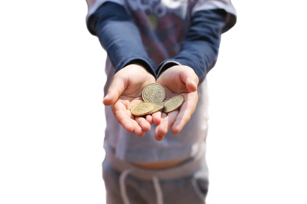 Mão da criança segurando Fingir moedas — Fotografia de Stock