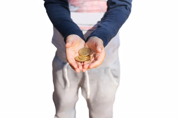 Mão da criança segurando Fingir moedas — Fotografia de Stock