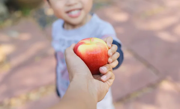 Father hands give apple to child's hands