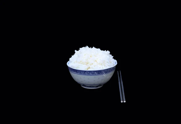 Bowl of boiled rice with silver chopsticks isolated — Stock Photo, Image