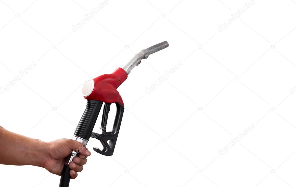 Hand holding fuel nozzle with hose isolated 