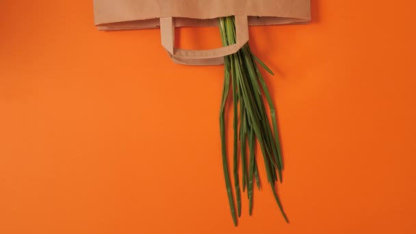 Orangen und grünen Gemüse erscheinen in der Einkaufstasche auf orangefarbenem Hintergrund. — Stockvideo