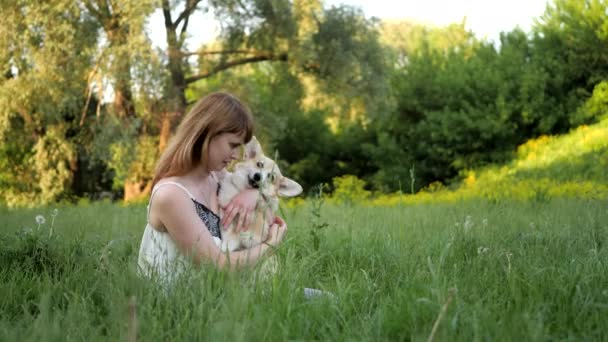 Schöne Frau umarmt ihren Welsh Corgi Pembroke Hund, Hund versucht Frau in die Wange zu beißen. — Stockvideo