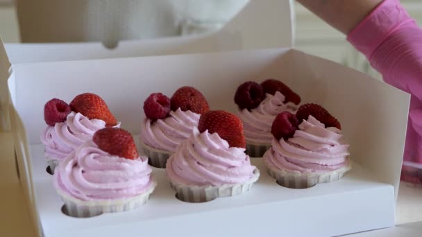 Versieren van cupcakes met verse aardbeien en frambozen — Stockvideo