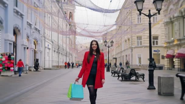 Fashionista Mujer Pelo Largo Abrigo Rojo Está Caminando Aire Libre — Vídeos de Stock