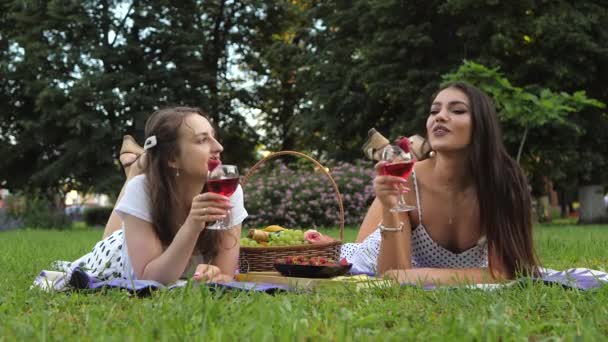 Twee Aantrekkelijke Vriendinnen Liggen Het Groene Gazon Drinken Cocktails Meisjes — Stockvideo