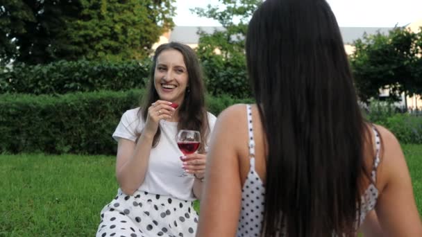Дві Подруги Дівчат Спілкуються Сидячи Зеленому Газоні Парку Зустріч Молодої — стокове відео