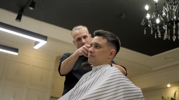 Professional Barber Hairdresser Cuts Man Dark Hair Atmosphere Stylish Expensive — Stock Video