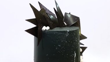 Çikolata dikenli, marşmelovla süslenmiş, koyu renk dizaynlı yaratıcı pasta. Tarz sahibi vahşi tatlı beyaz arka planda daireler çizer.