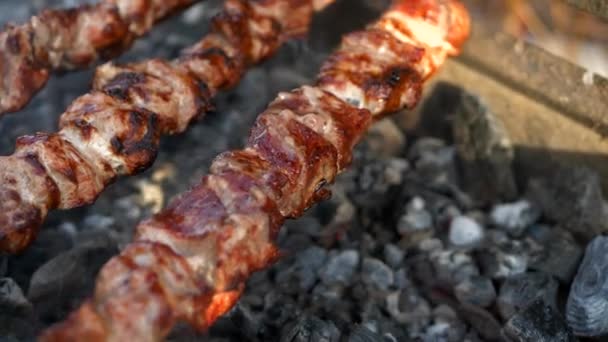 Hússütés Folyamata Szénen Forró Kebab Darabjaiból Zsírcseppek Hullanak Étvágygerjesztő Hagyományos — Stock videók