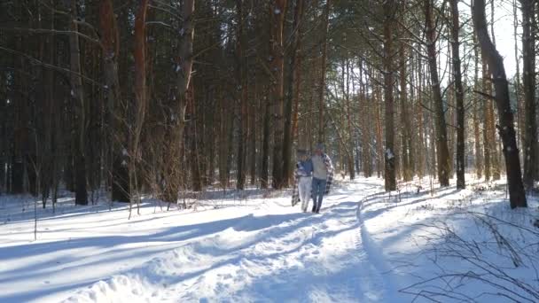 Glückliches Paar Spaziert Durch Den Verschneiten Wald Glückliches Paar Spaziert — Stockvideo