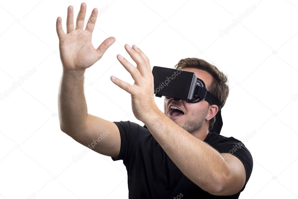 Man wearing a Virtual Reality headset