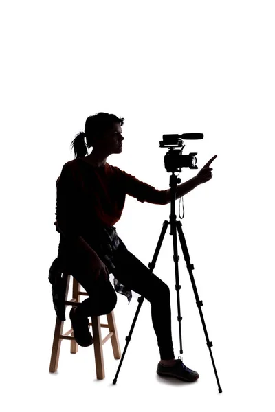 Silhouette Female Indie Filmmaker Online Content Creator Casting Director Camera — Stock Photo, Image