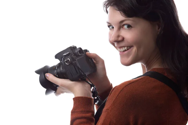 Side View Female Photographer Holding Camera Isolated White Background Composites — Stock Photo, Image
