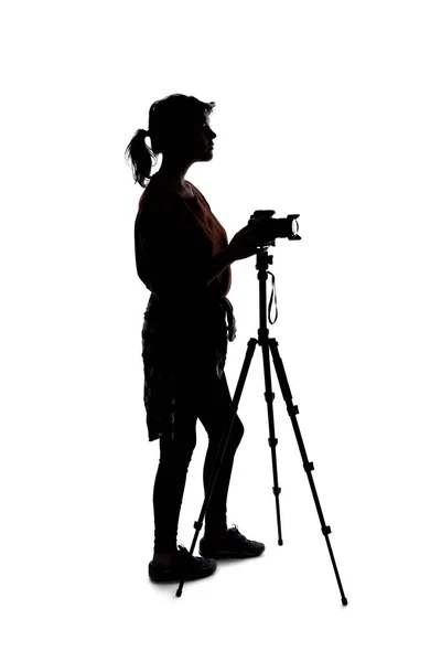 Backlit Silhouette Female Photographer Hiking Isolated White Background Composites She — Stock Photo, Image