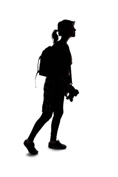 Backlit Silhouette Female Photographer Hiking Isolated White Background Composites She — Stock Photo, Image