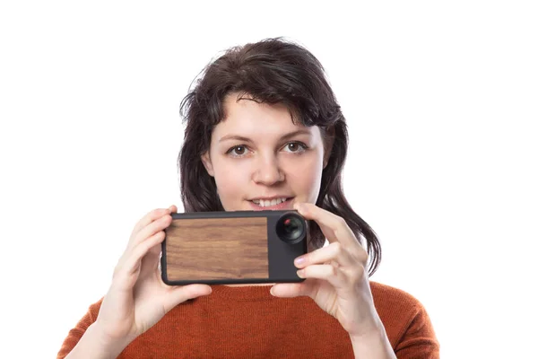 Female Tourist Photographer Doing Mobile Photography Cell Phone Alternative Equipment — Stock Photo, Image