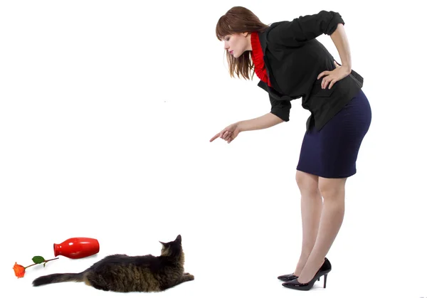 Woman scolding cat — Stock Photo, Image