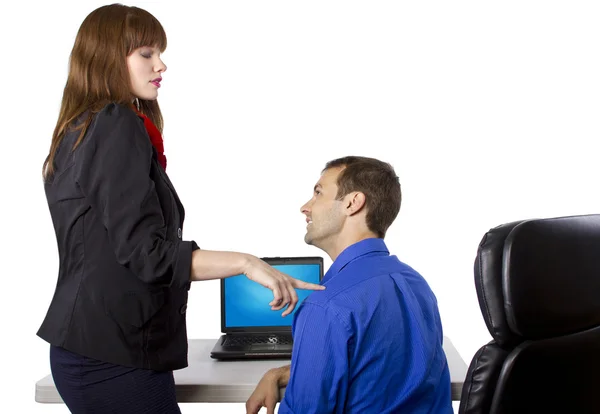 Female coworker is flirting to get favors at work — Stock Photo, Image