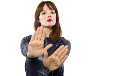 Woman refusing or saying no with hand gesture clipart