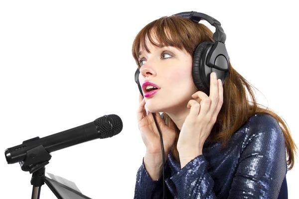 Woman singing or reading a script for voice over — Stock Photo, Image