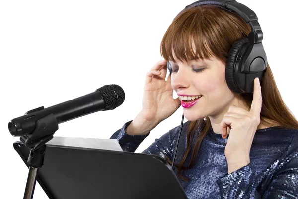 Woman singing or reading a script for voice over — Stock Photo, Image