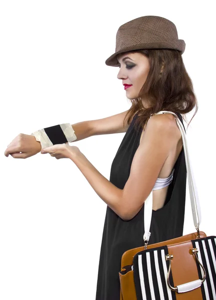 Celular pegado en la muñeca de las mujeres como un reloj inteligente DIY — Foto de Stock