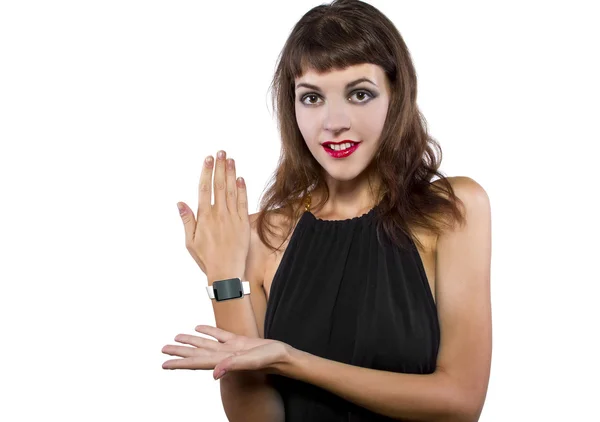 Γυναίκα, φορώντας μια γενική μη επώνυμα έξυπνη ρολόι — Φωτογραφία Αρχείου