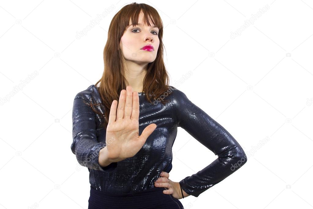 Woman refusing or saying no with hand gesture