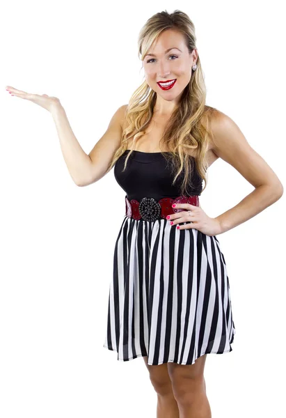 Blonde female presenting with hand — Stock Photo, Image