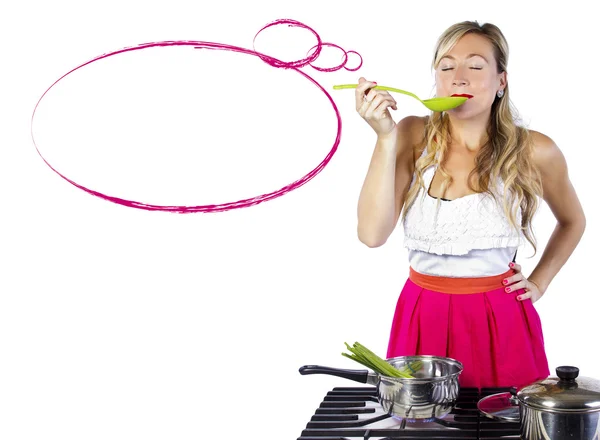 Donna con cucina a bolle vocali — Foto Stock