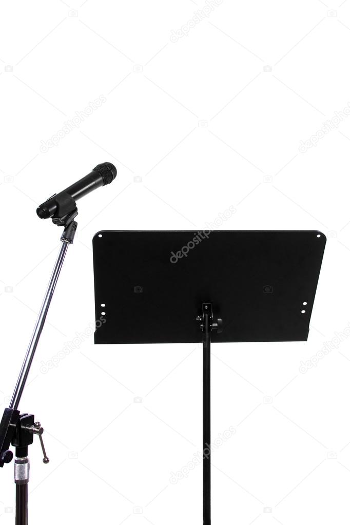 Blank recording studio arrangement with microphone and note stand isolated on white
