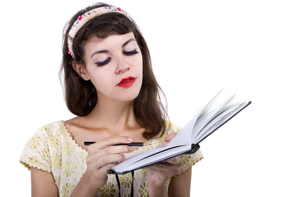 Girl with sketchbook and pencil — Stock Photo, Image