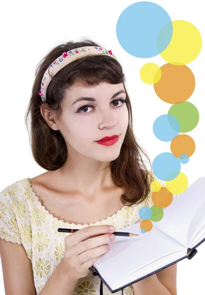 Girl with sketchbook and pencil — Stock Photo, Image