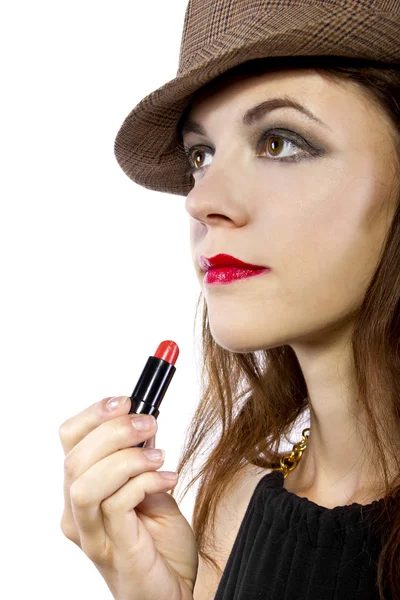 Chica Aplicando Lápiz labial rojo —  Fotos de Stock
