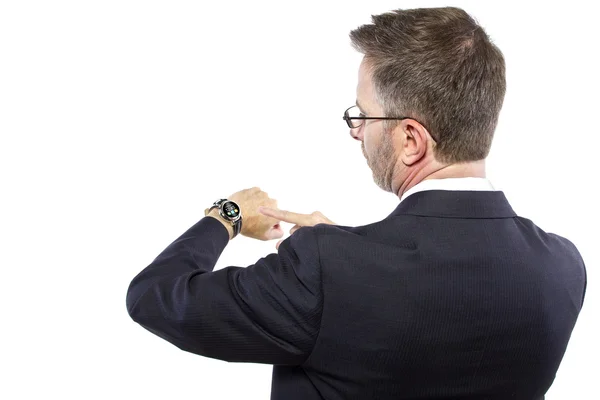 Affärsman förvirrad av smart Watch-klocka teknik — Stockfoto