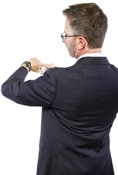 Businessman confused by smart watch technology — Stock Photo, Image