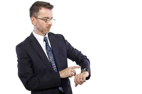 Businessman confused by smart watch technology — Stockfoto