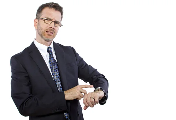 Businessman confused by smart watch technology — Stock Photo, Image