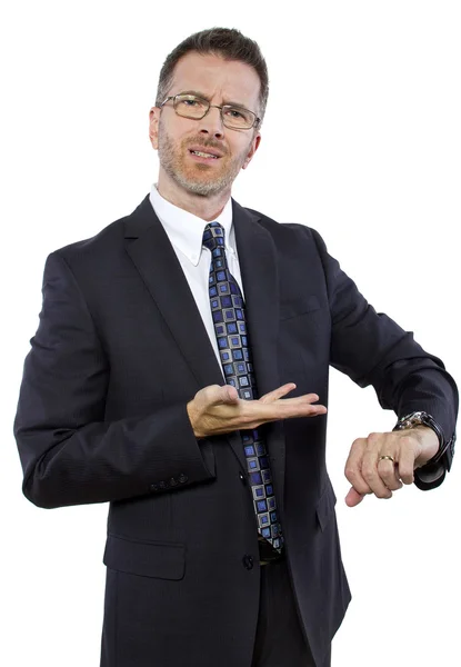 Businessman confused by smart watch technology — Stock Photo, Image